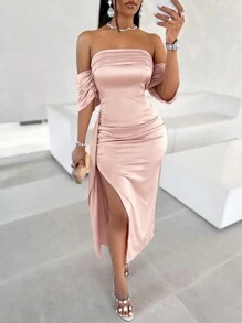 Summer Elegant Off Shoulder Drape Slit Dress - Pink - View 1