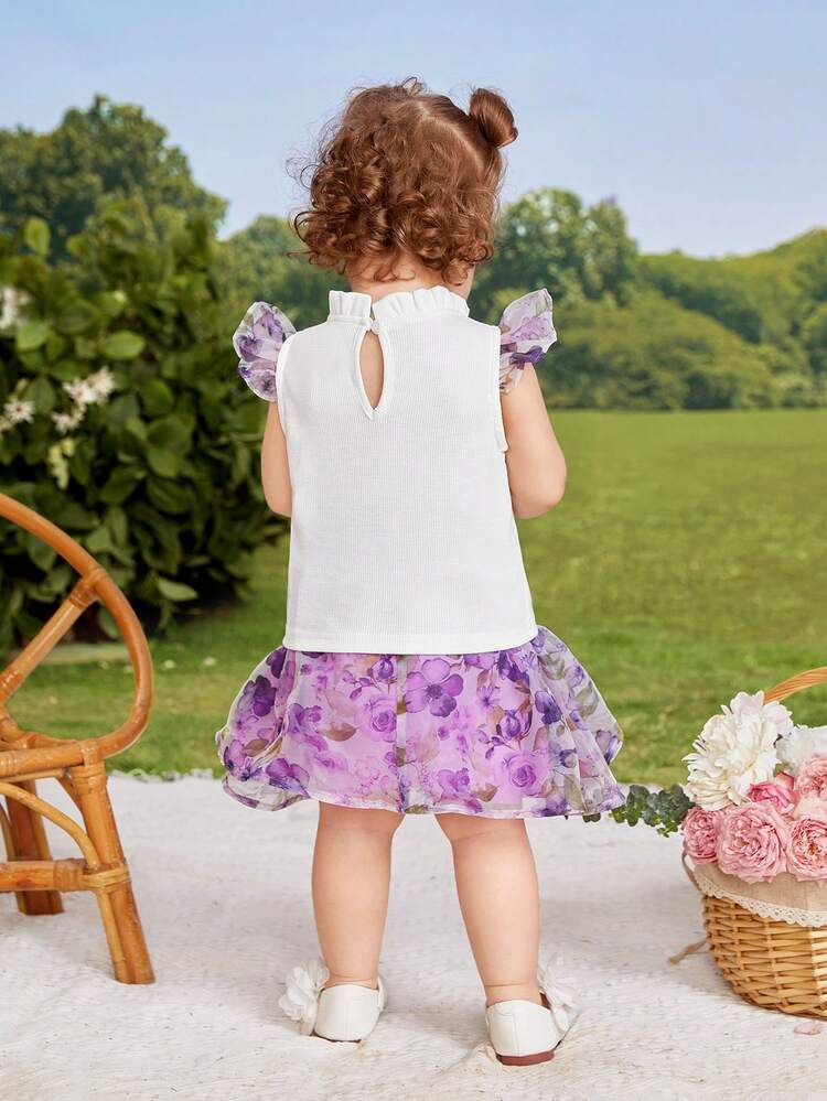 Baby Girl Gorgeous Elegant Knitted Patchwork Flutter Sleeve Top And Floral Print Skirt Set