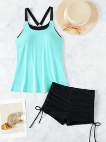SHEIN Swim Summer Beach Contrast Color 2-In-1 Tank Top & Drawstring Side Shorts Tankini Set Music Festival - Blue - View 3