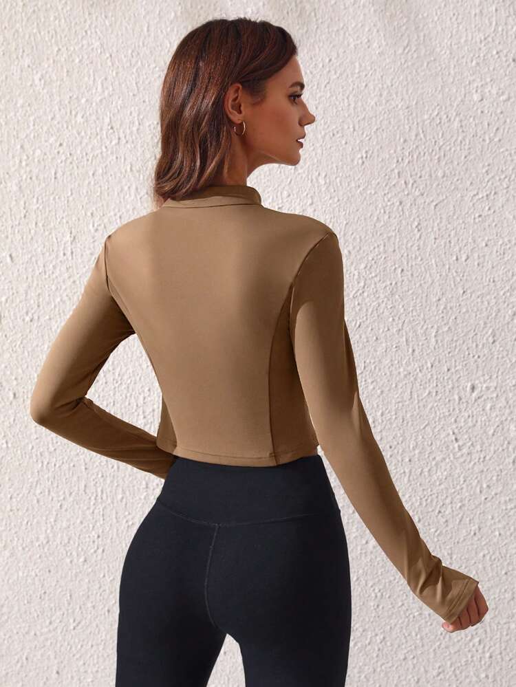 Solid Color Thumb Hole Zipper Short Cropped Sports Jacket