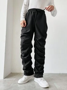 Manfinity EMRG 男士寬鬆純色褶皺抽繩腰褲 - 黑色 - 查看 4