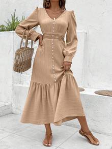 SHEIN Essnce Women'S Waist Ruffle Pleated Hem Lotus Leaf Hem Dress - Apricot - View 2