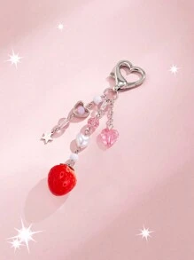 ROMWE Kawaii 1pc Sweet And Lovely Style Strawberry & Star & Crystal & Tassel Pendant Keychain - Multicolor - View 1