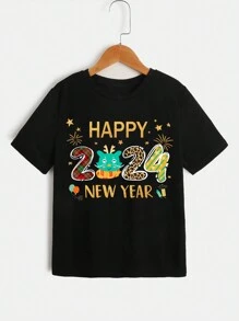 SHEIN Tween Boys' Casual Short Sleeve Round Neck T-Shirt With New Year Print, Suitable For Summer - Black - View 1