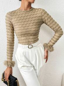 SHEIN Privé Của phụ nữ Lông Textured Vòng cổ Áo thun - Màu Khaki - Xem 3