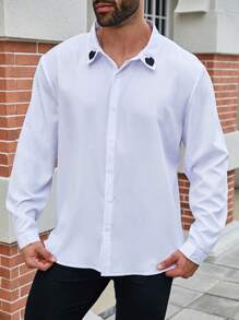 Manfinity Homme Chemise À Manches Longues Avec Broderie De Cœur Pour Homme De Grande Taille - Blanc - Voir 3