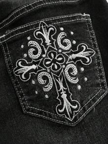 ROMWE Goth Women's Embroidered Jeans With Bell Bottoms And Cross Design, School - Black - View 4