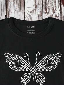 INAWLY 女款蝴蝶鑽石設計短袖t恤 - 黑色 - 查看 4