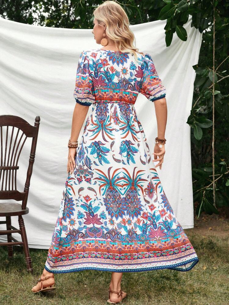 Women'S Hollow Out V-Neck Dress With Paisley Print