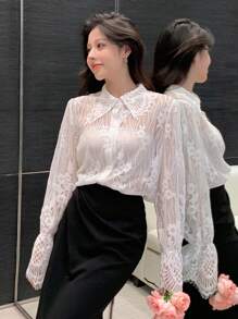 DAZY 宽松透明蕾丝长袖女式衬衫，荷叶边 - 白色 - 查看 1