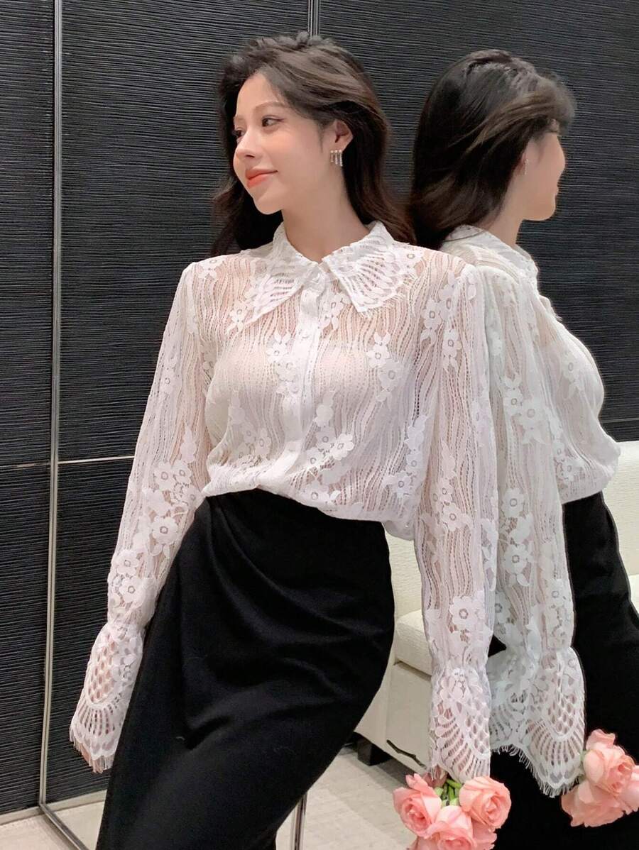 DAZY 宽松透明蕾丝长袖女式衬衫，荷叶边 - 白色 - 查看 1
