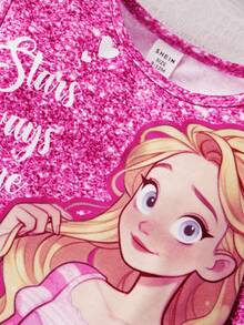 SHEIN Baby Girl Cute Cartoon Princess & Cat Imitation Sequin Pattern Long Sleeve Top - Pink - View 3