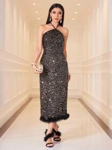 Modelyn 女士毛茸茸拼布闪亮露背长款晚礼服 - 黑色 - 查看 5
