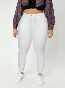 SHEIN SXY 大碼純色修身牛仔褲 - 白色 - 查看 1