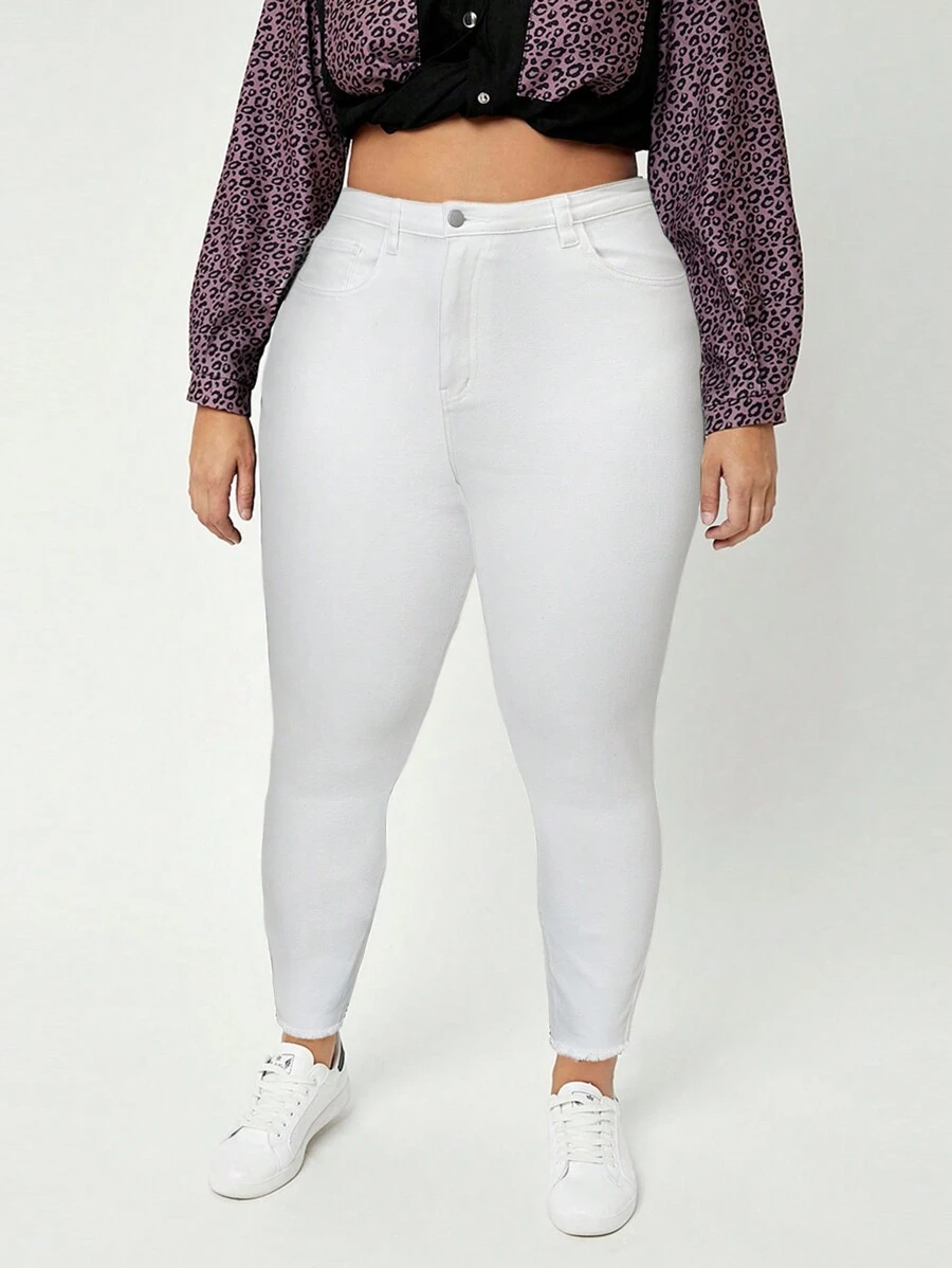 SHEIN SXY 大碼純色修身牛仔褲 - 白色 - 查看 1