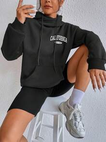 SHEIN Unity 女士字母印花束口帽衫 - 黑色 - 查看 5