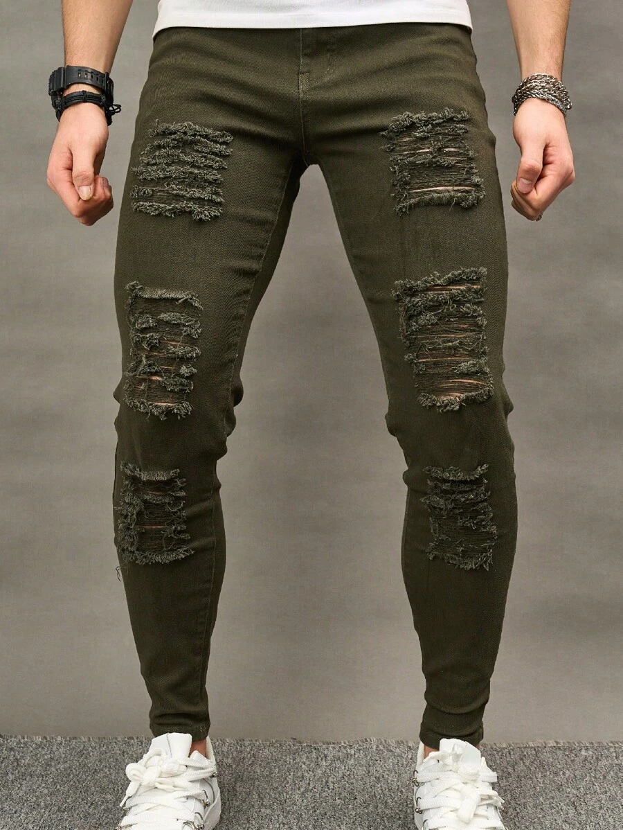 Manfinity LEGND Men's Slim Fit Distressed Jeans - Army Green - View 1