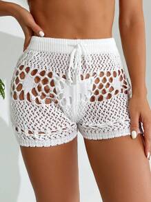 SHEIN Swim Của phụ nữ Xu hướng: Cắt giảm Dây rút Che quần đùi - trắng - Xem 5