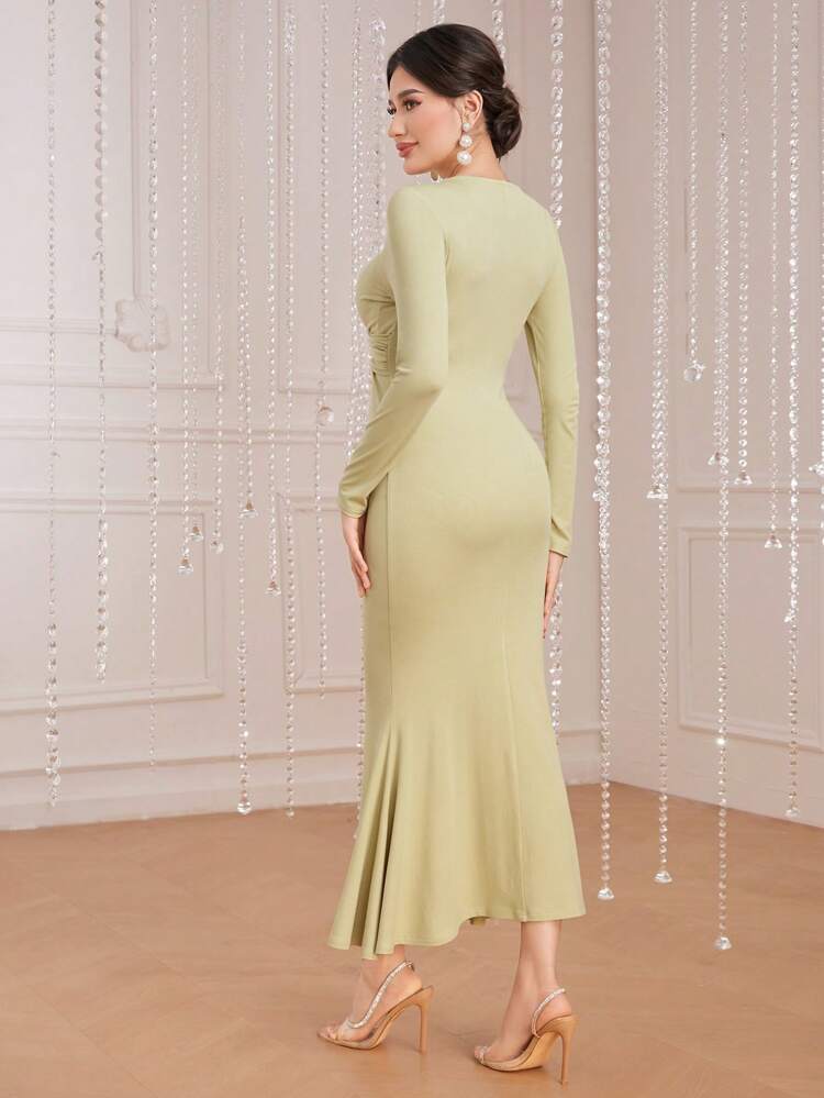 Cross Detail Long Sleeve Mermaid Hem Dress