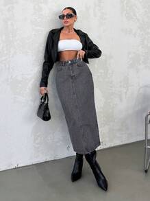 EURMUSE Women's Straight Denim Skirt - Dark Grey - View 3