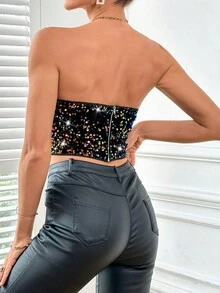 SHEIN Privé 露肩空心打底衫,鑲有閃爍細節 - 藍色 - 查看 6