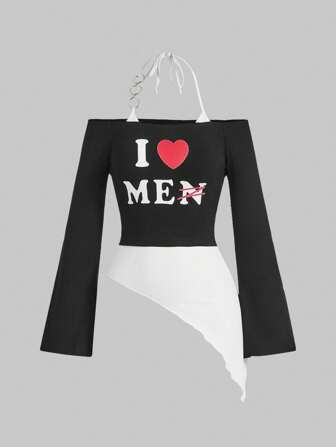 Grunge Punk Camiseta ajustada de mujer con estilo punk, diseño halter con hombros descubiertos, estampado de eslogan, mangas acampanadas y bajo asimétrico
