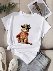 SHEIN EZwear Cat Print Short-Sleeve T-Shirt - White - View 1