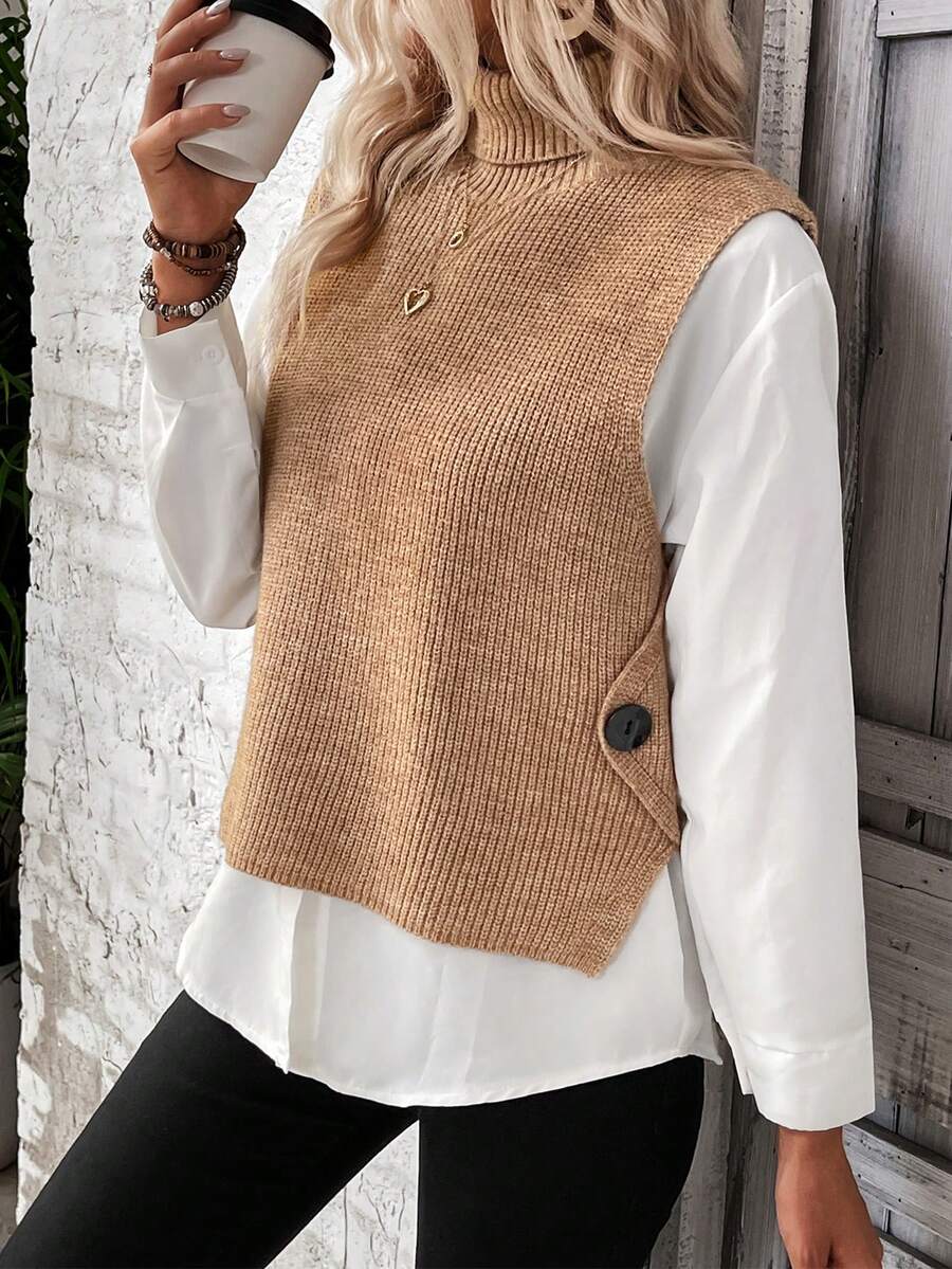 Áo len chui đầu cổ cao không tay xẻ tà màu trơn cho nữ, thường ngày cho mùa thu/đông - Màu Khaki - Xem 1
