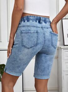 SHEIN Maternity Adjustable Waist Washed Denim Shorts - Medium Wash - View 2