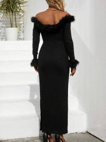 SHEIN Maternity Off Shoulder Fuzzy Trim Split Thigh Dress - Black - View 2