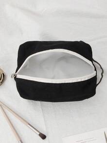 1pc Large Solid Color Simple Canvas Cosmetic Bag Suitable For Women's Outdoor Travel - Black - View 3