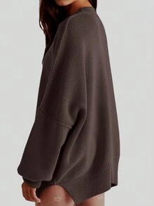 Solid Drop Shoulder Split Hem Sweater,Long Sleeve Tops - Coffee Brown - View 2