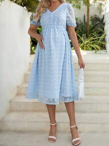 SHEIN Maternity Swiss Dot Puff Sleeve Dress - Blue - View 4