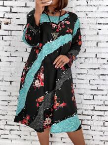 EMERY ROSE Plus Size Women's Floral Print Patchwork Dress - Multicolor - View 1
