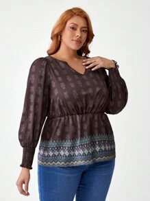 Studio Dri Artist Women's Plus Size Notched Neckline Allover Print Waist-Cinching Top, For Holiday, Vacation, Spring, Going Out, Festival, Ibiza Fits - Multicolor - View 5