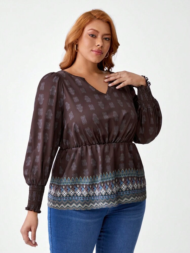 Artist Women's Plus Size Notched Neckline Allover Print Waist-Cinching Top, For Holiday, Vacation, Spring, Going Out, Festival, Ibiza Fits