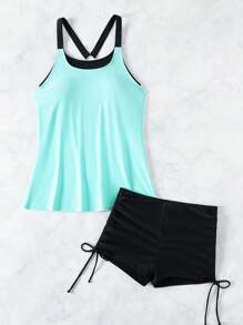 SHEIN Swim Summer Beach Contrast Color 2-In-1 Tank Top & Drawstring Side Shorts Tankini Set Music Festival - Blue - View 5
