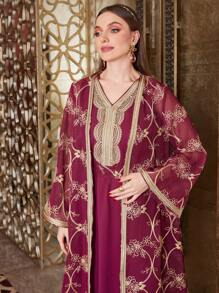 Al Najma 勃艮第红色女士花卉刺绣夹克和连衣裙套装，摩洛哥长袍，优雅奢华晚会风格 - 酒紅色 - 查看 3