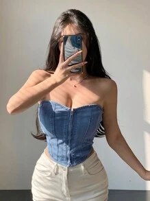 DAZY Women'S Denim Jacket Tube Top - Blue - View 1