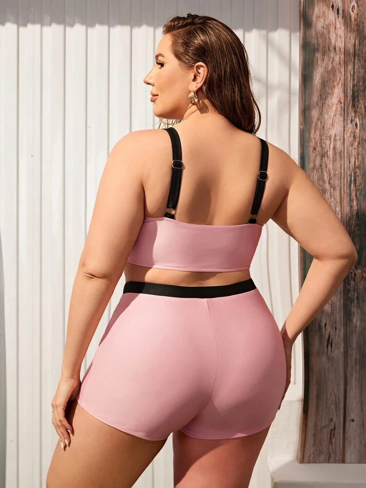 Plus Size Summer Beach Colorblock Vest Style Tankini Swimwear