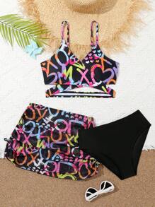 Sparklyn Conjunto de bikini con estampado de graffiti para adolescentes, ideal para la playa de verano - Negro - Ver 1