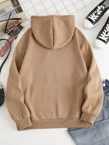 SHEIN EZwear 女士純色保暖絨毛束口連帽衛衣 - 卡其色 - 查看 2