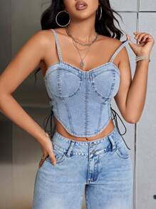 SHEIN SXY 女性剪裁牛仔破洞背心背心上衣 - 藍色 - 查看 1