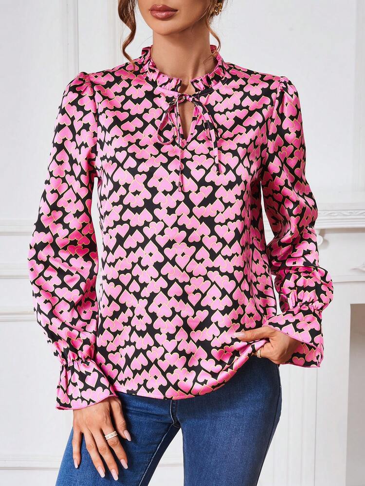 Ladies' Long Sleeve Shirt With Heart Print And Frill Hem