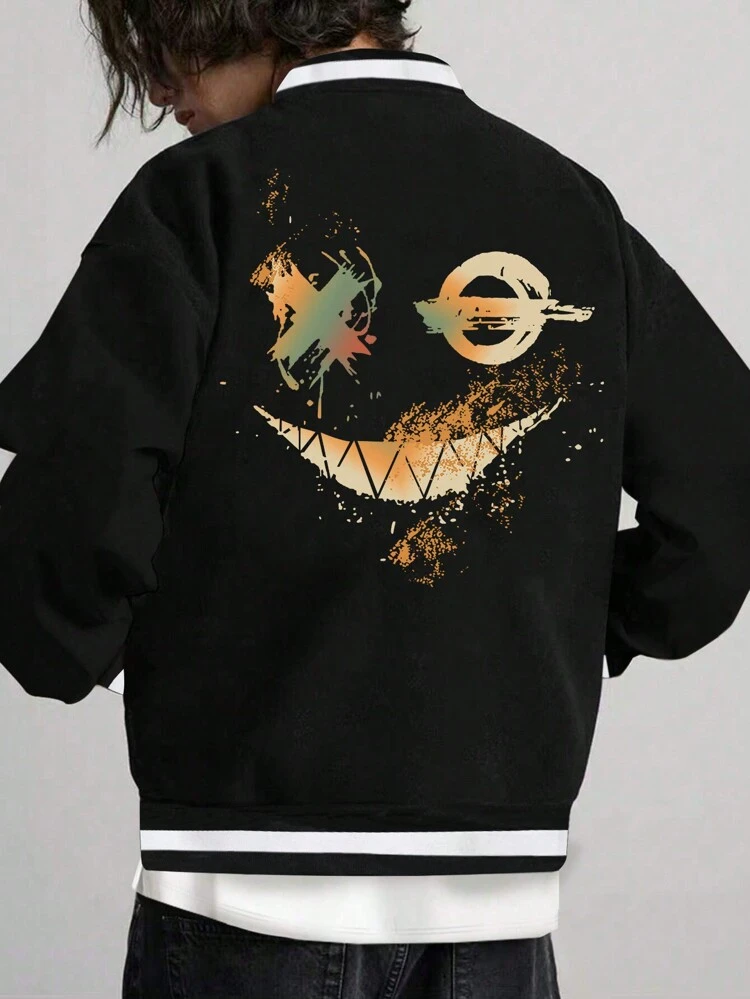 Men's Cartoon Printed Striped Trim Jacket