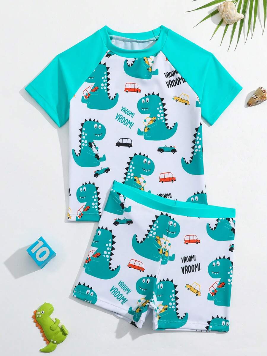 Conjunto De Trajes De Baño Estampado Con Dibujos Animados Para Niños Pequeños - Verde - Ver 1