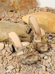 新款春夏复古印花布艺凉鞋，舒适防滑金属搭扣，圆头设计，高跟厚底，适合海滩、度假、休闲等场合，女士厚底凉鞋 - 棕色 - 查看 5