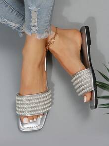 女式串珠带平底凉鞋，2023 年夏季新款韩国时尚沙滩拖鞋 - 銀色 - 查看 2