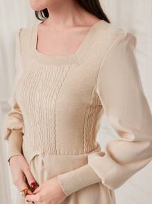 Modelyn Cổ vuông Tay áo lồng đèn Đầm - Màu be - Xem 6