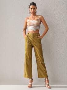 RiRi Designer Solid Color Slanted Pockets Straight-Leg Pants, For Summer, Holiday, Vacation, Festival